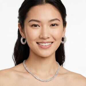 Joe Fresh Rhinestone Necklace & NWT Hoop Earring Set Silver Tone